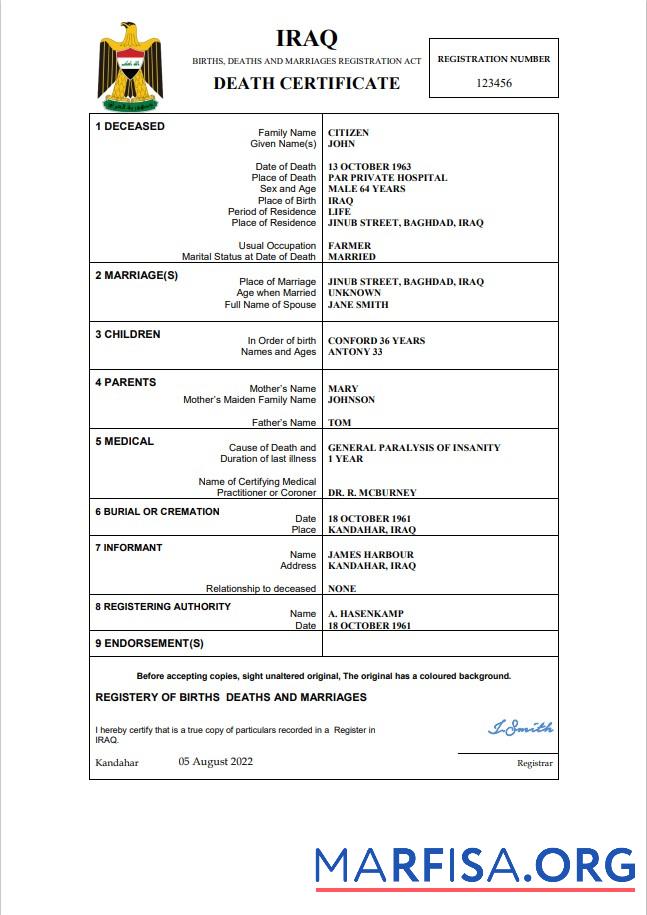 Printable Iraq vital record death certificate Word and PDF template